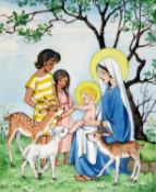PATIENCE ARNOLD (1901-1992) WATERCOLOUR Virgin Mary with infant Jesus, two children, a lamb and  two