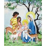 PATIENCE ARNOLD (1901-1992) WATERCOLOUR Virgin Mary with infant Jesus, two children, a lamb and  two