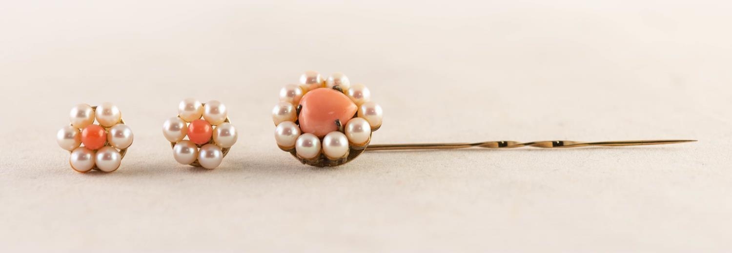 PAIR OF 9ct GOLD DAISY CLUSTER EARRINGS set with centre coral and surround of six pearls and a STICK