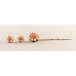 PAIR OF 9ct GOLD DAISY CLUSTER EARRINGS set with centre coral and surround of six pearls and a STICK