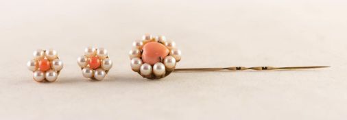 PAIR OF 9ct GOLD DAISY CLUSTER EARRINGS set with centre coral and surround of six pearls and a STICK