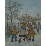MARGARET CHAPMAN (1940-2000) PENCIL AND GOUACHE ON TINTED PAPER Children going to school in snow