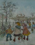 MARGARET CHAPMAN (1940-2000) PENCIL AND GOUACHE ON TINTED PAPER Children going to school in snow