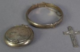 EARLY 20th CENTURY SILVER CACHOU BOX as a pendant, a modern silver stiff BANGLE, and an early 20th