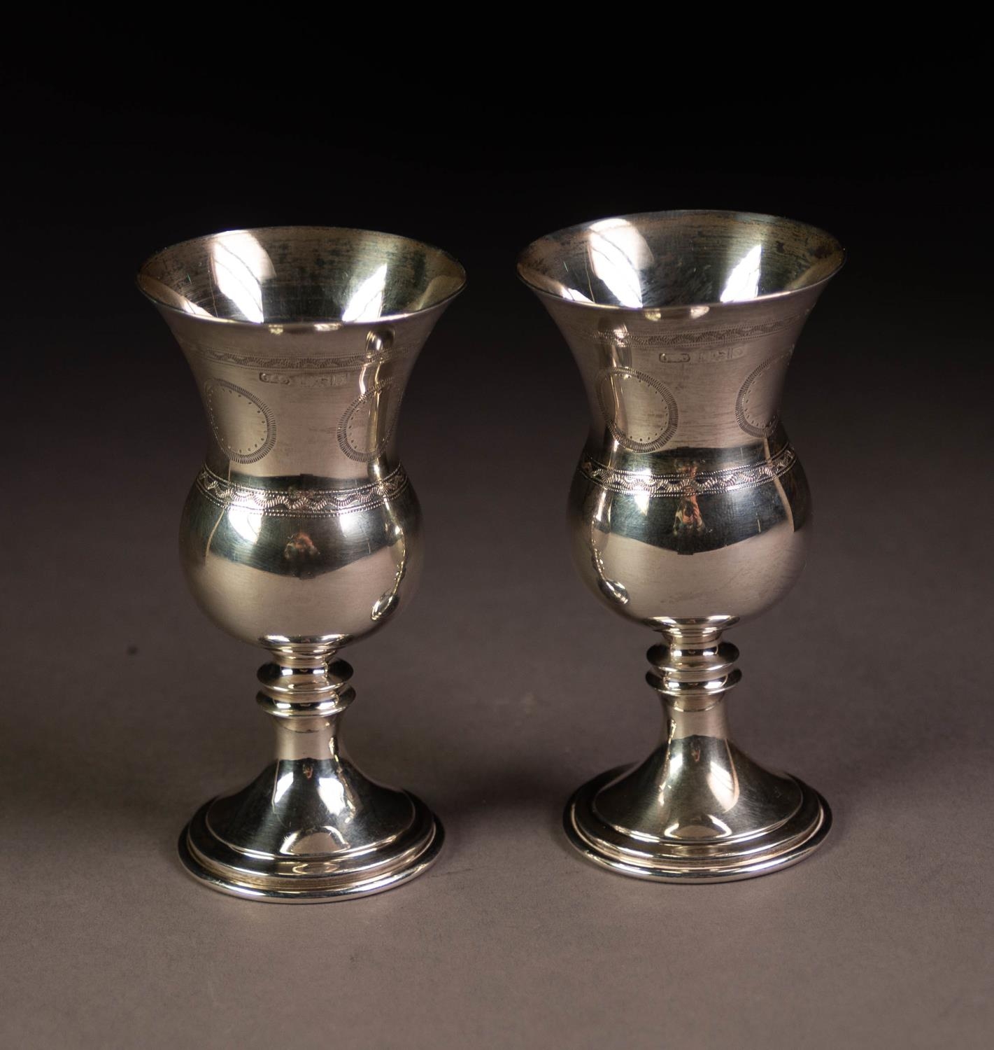 PAIR OF WRIGGLE ENGRAVED SILVER SMALL WINE GOBLETS, each with thistle shaped bowl, knopped stem - Image 2 of 2