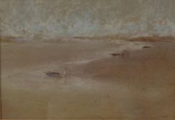 J. SCOTT (TWENTIETH/ TWENTY FIRST CENTURY) WATERCOLOUR DRAWING ON BUFF PAPER Beach scene with