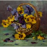 YEVGENY BALAKSHIN (b.1961) OIL ON CANVAS Still life- pansies in a wicker basket Signed 11 ½? x 11 ½?