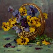 YEVGENY BALAKSHIN (b.1961) OIL ON CANVAS Still life- pansies in a wicker basket Signed 11 ½? x 11 ½?