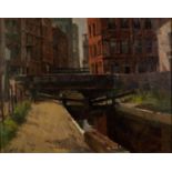 GORDON RADFORD (1936-2015) OIL ON BOARD Canal scene, Manchester Faintly signed 15 ½? x 19 ½? (39.3cm