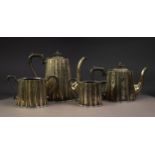 FOUR PIECE ELECTROPLATED TEA AND COFFEE SET BY ELWORTHY & SONS, of oval, fluted form with angular