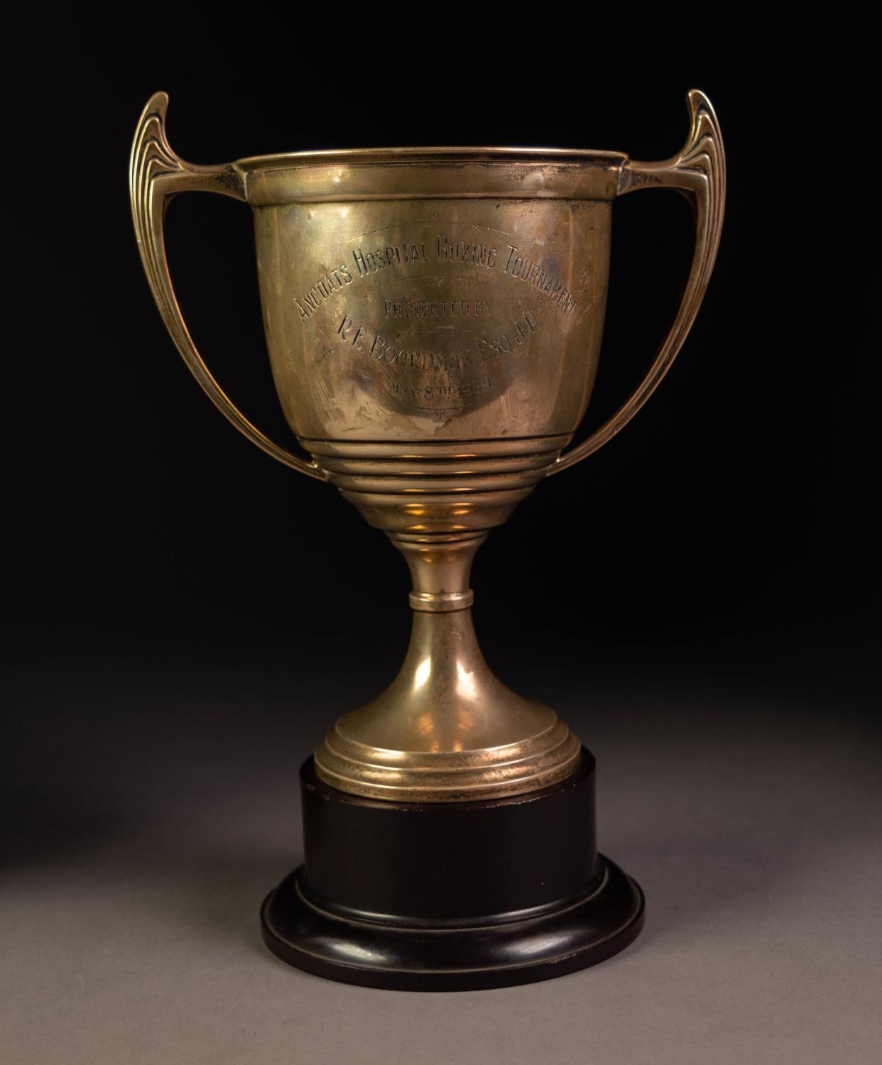 GEORGE VI PRESENTATION TWO HANDLED SILVER TROPHY CUP BY ADIE BROTHERS, with stylish angular
