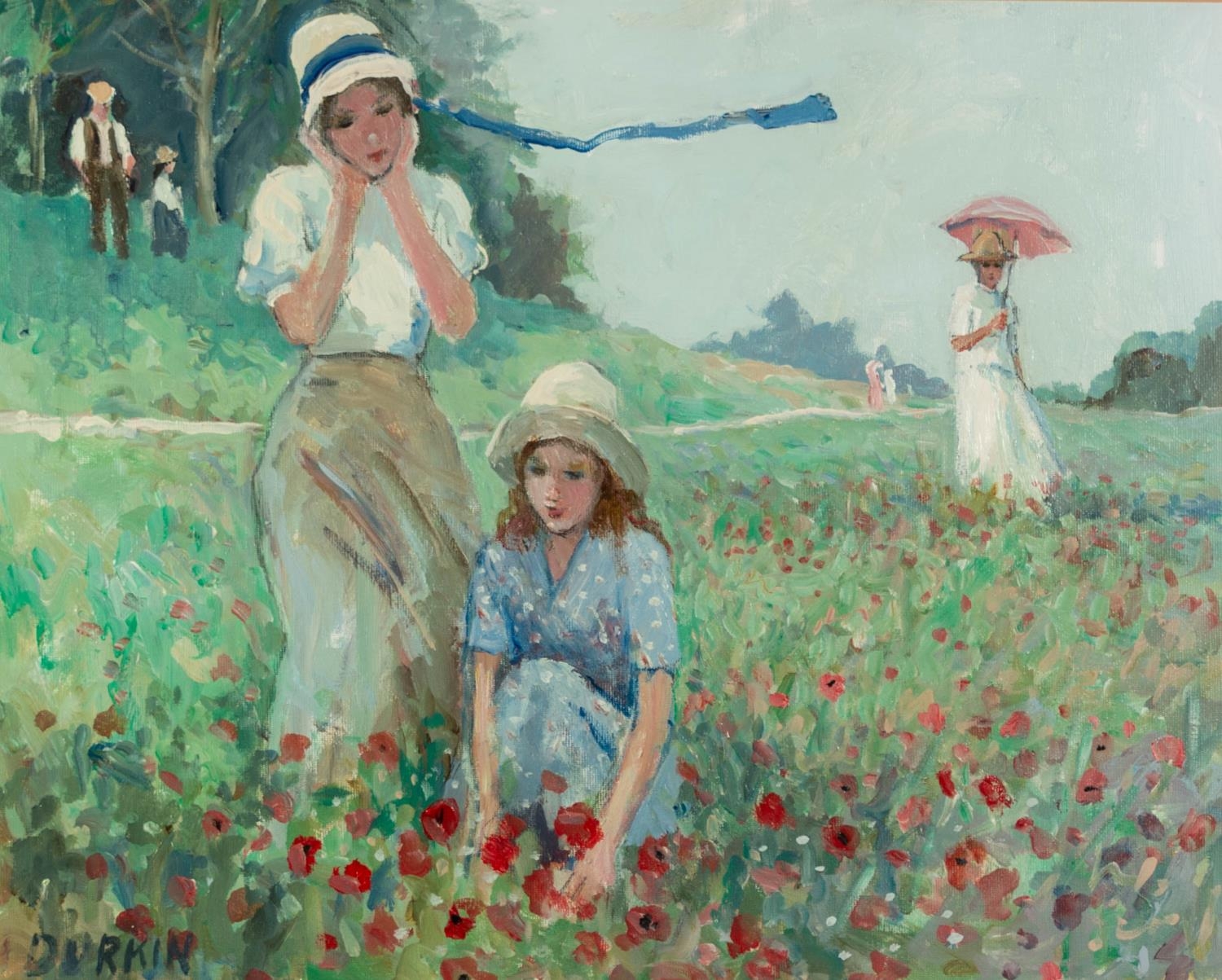 TOM DURKIN (1928-1990) ACRYLIC ON BOARD, behind glass ?Picking Poppies? Signed, titled to Unicorn