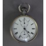 SWISS SILVER POCKET WATCH sold by Thomas Russell of Liverpool, with keyless stop movement, white