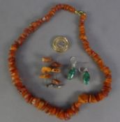 NECKLACE OF BALTIC CHIP AMBER BEADS; a pair of SIMILAR DROP EARRINGS; a pair of silver and lozenge