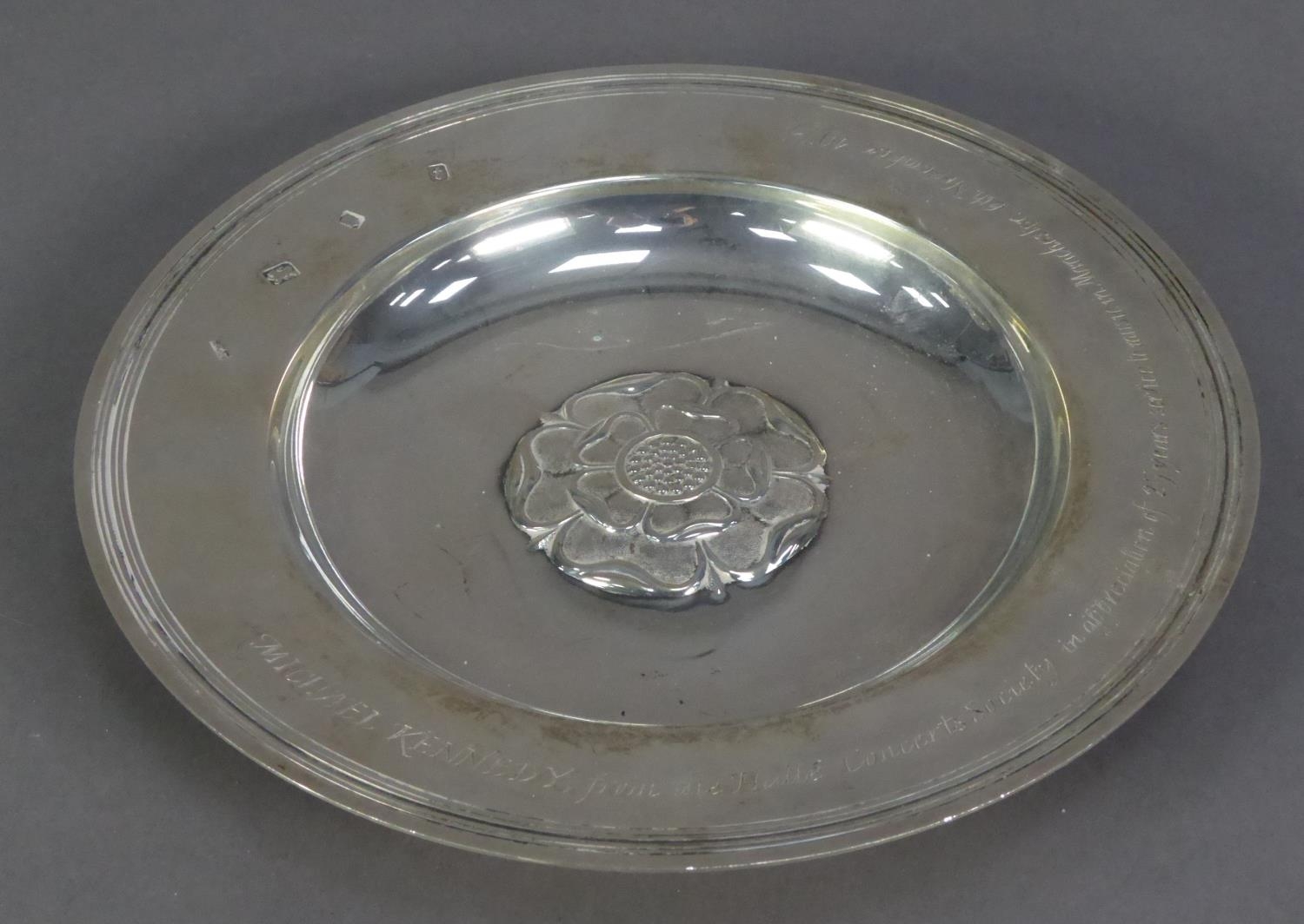 SILVER PRESENTATION ARMADA DISH BY MAPPIN & WEBB , of typical form with rose embossed to the