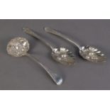 PAIR OF GEORGE III SILVER BERRY SPOONS of traditional form, the handles with foliate scroll