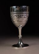 EMBOSSED AND ENGRAVED SILVER GOBLET, of typical form with foliate scroll embossed border and