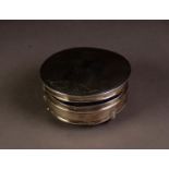 ENGINE TURNED SILVER CIRCULAR TRINKET BOX BY ADIE BROTHERS, with blue plush interior and scroll