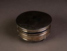 ENGINE TURNED SILVER CIRCULAR TRINKET BOX BY ADIE BROTHERS, with blue plush interior and scroll