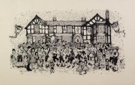 PAT COOKE (1935-2000) ARTIST SIGNED PRINT OF A PEN AND INK DRAWING Morris men dancing outside Ye