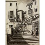 DIAZ (TWENTIETH CENTURY) PEN AND WASH DRAWING Steps in a Continental Town Signed, bears Unicorn