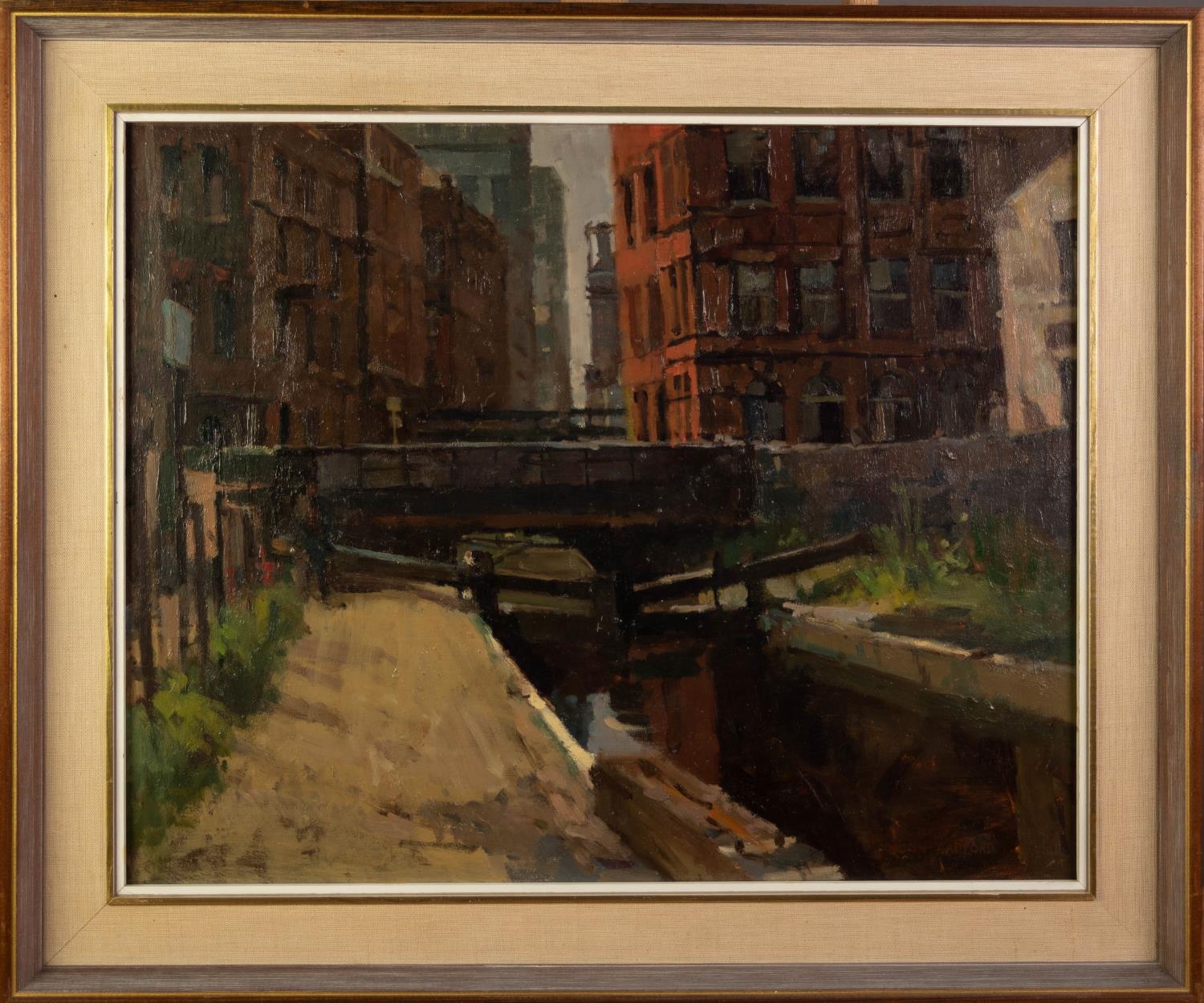 GORDON RADFORD (1936-2015) OIL ON BOARD Canal scene, Manchester Faintly signed 15 ½? x 19 ½? (39.3cm - Image 2 of 2