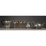 SET OF FOUR ITALIAN ELECTROPLATED GOBLETS, with embossed stems, together with a PEWTER SQUAT