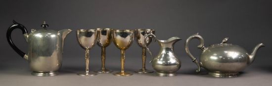 SET OF FOUR ITALIAN ELECTROPLATED GOBLETS, with embossed stems, together with a PEWTER SQUAT