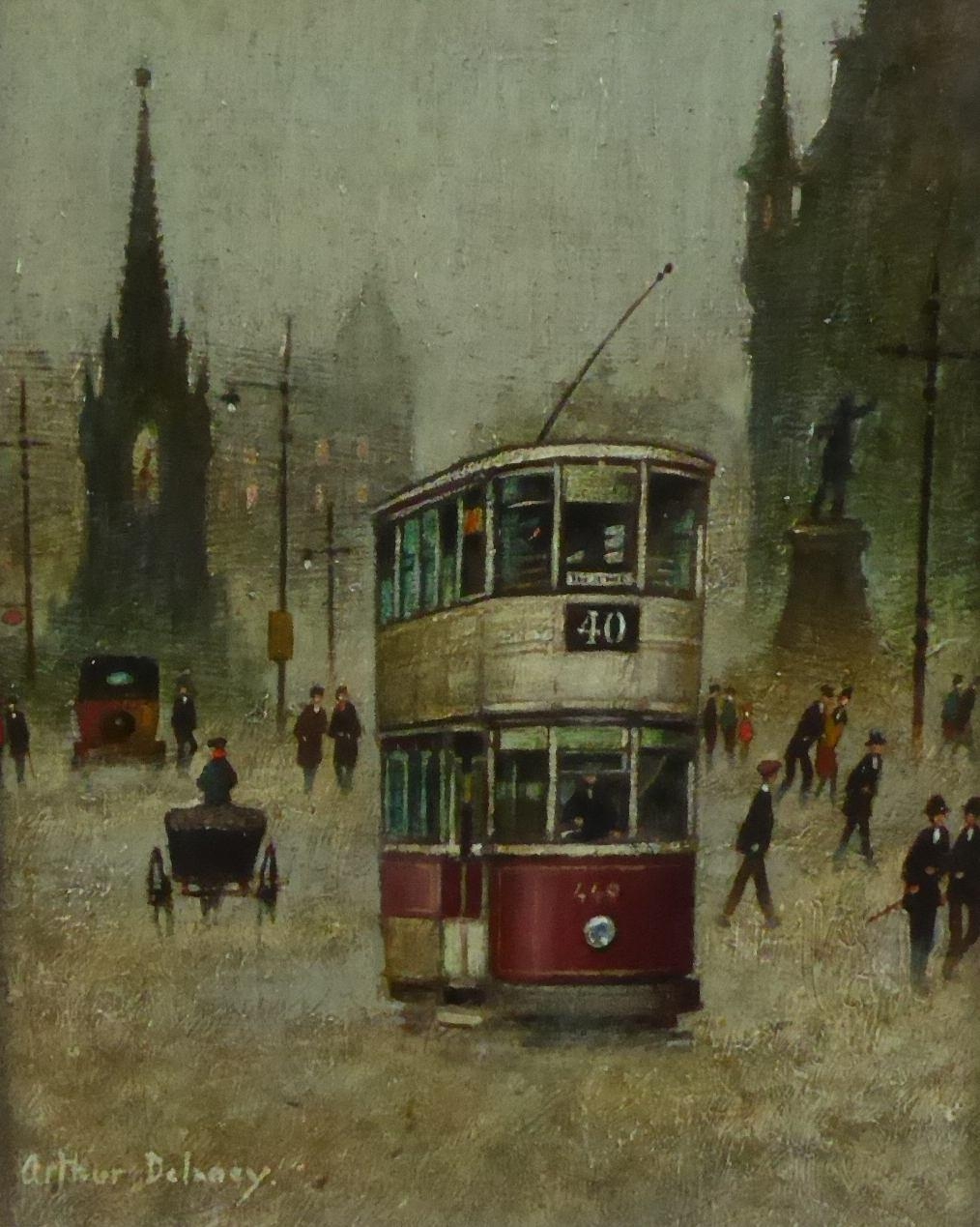 ARTHUR DELANEY (1927 - 1987) OIL PAINTING ON BOARD Albert Square on a foggy evening with tram, horse