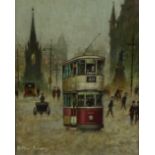 ARTHUR DELANEY (1927 - 1987) OIL PAINTING ON BOARD Albert Square on a foggy evening with tram, horse