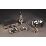 SMALL SELECTION OF ELECTROPLATED WARES, to include: SUGAR CASTOR, TABLE CIGARETTE BOX, STAG?S HEAD