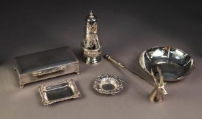SMALL SELECTION OF ELECTROPLATED WARES, to include: SUGAR CASTOR, TABLE CIGARETTE BOX, STAG?S HEAD