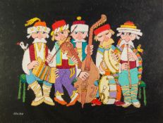 JOVAN OBICAN (1918-1986) GOUACHE DRAWING Five piece Yugoslavian folk band Signed 17 ½? x 23? (44.4cm