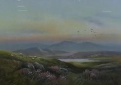 WENDY REEVES (b.1944) PASTEL DRAWING Grouse in flight over upland Signed lower right 13½" x 19¼" (