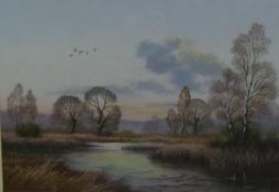 WENDY REEVES (b.1944) PASTEL DRAWING Ducks in flight over wetland Signed lower right 13½" x 19¼" (