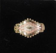 14K THREE COLOUR GOLD RING the diamond shaped top of mesh pattern, fine bead edges to the top, 5