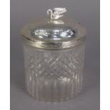 VICTORIAN CUT GLASS BISCUIT BARREL WITH ENGRAVED SILVER LID, the hinged and slightly domed cover
