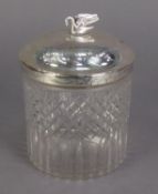 VICTORIAN CUT GLASS BISCUIT BARREL WITH ENGRAVED SILVER LID, the hinged and slightly domed cover