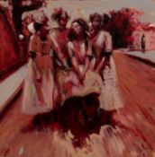 NOAH SATERSTROM (TWENTIETH CENTURY) OIL ON BOX CANVAS ?Ethel + the Stanton College Girls, Natchez,