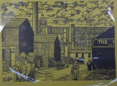 ROGER HAMPSON (1925 - 1996) LINO CUT ON GREEN PAPER Falcon Mill, Bolton,street scene