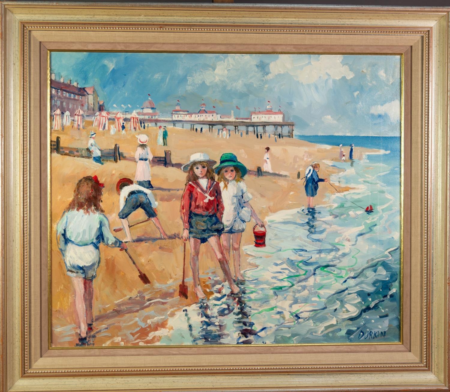 TOM DURKIN (1928-1990) ACRYLIC ON CANVAS Beach scene with children at the water?s edge Signed - Image 2 of 2