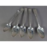 A SET OF THREE VICTORIAN SILVER BEADED OLD ENGLISH PATTERN DESSERT SPOONS, by George Adams, London