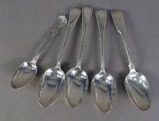 A SET OF THREE VICTORIAN SILVER BEADED OLD ENGLISH PATTERN DESSERT SPOONS, by George Adams, London