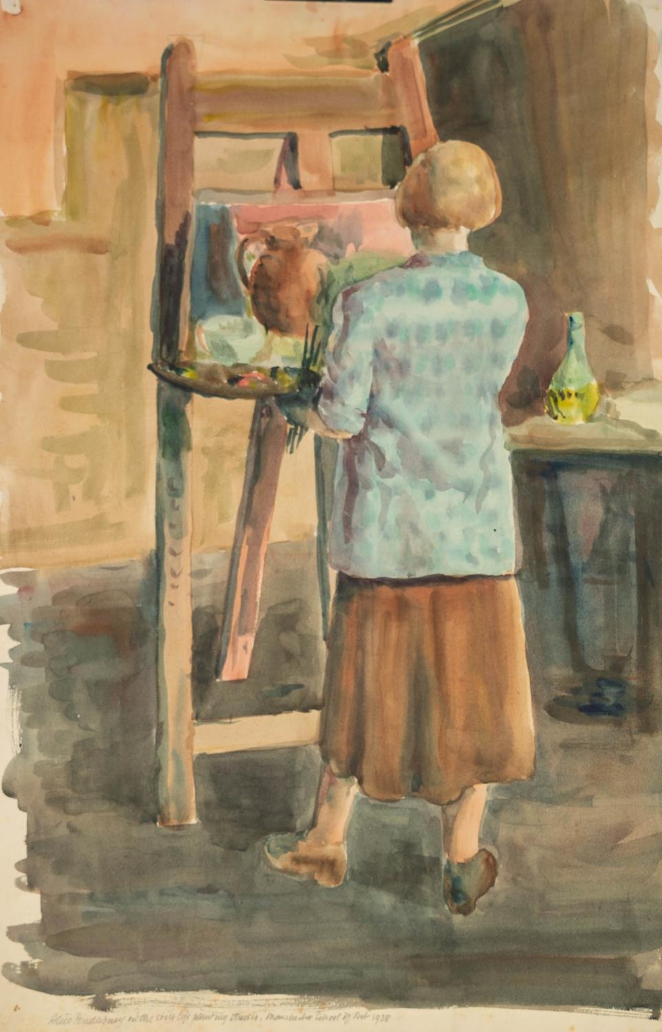 NORMAN JAQUES (1922-2014) WATERCOLOUR DRAWING ?Alice Pendlebury in the still life painting