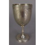 VICTORIAN SILVER GOBLET, the cup shaped bowl engraved with two vacant oval reserves within foliate