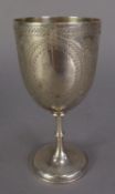 VICTORIAN SILVER GOBLET, the cup shaped bowl engraved with two vacant oval reserves within foliate