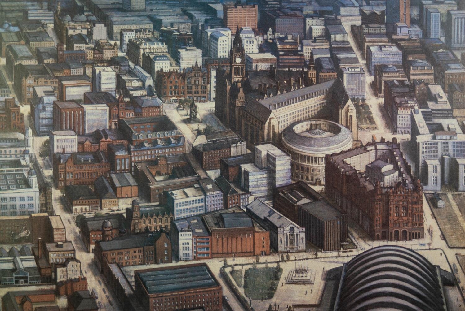 UNATTRIBUTED (circa 1960?s/70?s) COLOUR PRINT Arial view of Manchester Unsigned 16? x 24? (40.6cm