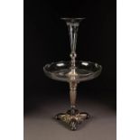 ELECTROPLATE AND ETCHED GLASS TABLE CENTRE, the flared glass trumpet vase wheel cut with oak