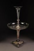 ELECTROPLATE AND ETCHED GLASS TABLE CENTRE, the flared glass trumpet vase wheel cut with oak