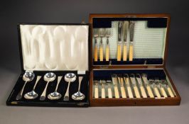 WALNUT CASED PART SET OF NINE ELECTROPLATED FISH KNIVES AND FORKS BY WALKER & HALL, with engraved